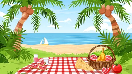 A picnic basket with food and drinks on a checkered blanket under palm trees with an ocean view.