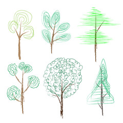 set of children's hand-drawn doodles trees