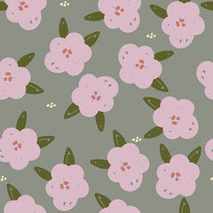 Seamless pattern with daisy flowers, leaves end dots. Floral illustration.