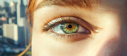 Close-up of a Woman s Bright Green Eye with Cityscape Reflection, Urban Beauty Concept.