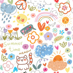 Seamless pattern with kids illustration , cartoon nature, doodle. Rainbow, cloud, flower, fruits, dots and spots words summer, I love summer. Vector illustration.