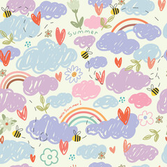 Hand drawn kids pattern with clound, rainbows, flowers ,bees and words summer. Cute summer seamless pattern.