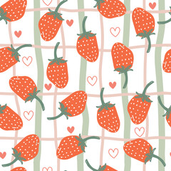 Cute seamless pattern with strawberries , hearts, and lines. Vector illustration for wrapping paper, fabric, Valentine's Day.