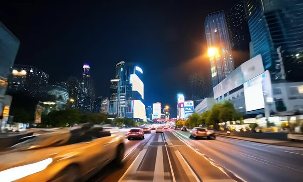 Dynamic hyperlapse of urban nightlife showcasing vibrant light trails, bustling streets, illuminated skyscrapers, and a futuristic city atmosphere.