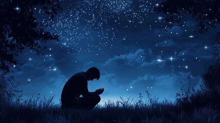 Praying in serenity under a starlit night sky amidst peaceful nature surroundings