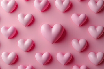 Obraz premium Valentines day flat lay. Stylish pink hearts composition on pink background. Happy Valentine's day! Modern cute valentine hearts cutouts. Creative love background. AI