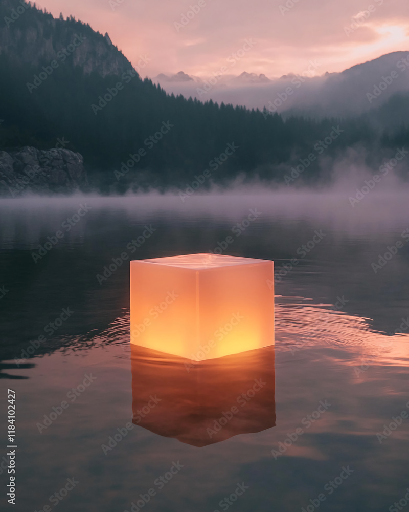 Poster illuminated glowing cube floating in a misty lake at sunset