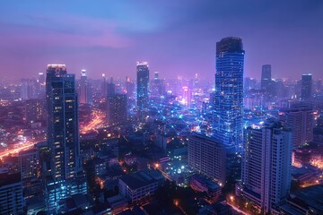 Fototapeta premium Night Cityscape: Illuminated Towers & Smart Network Connectivity at Dusk