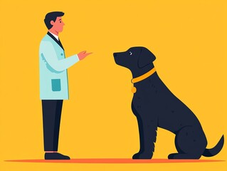 A veterinarian interacts with a large black dog, showcasing a caring environment focused on pet health and well-being against a bright yellow background.