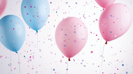 Colorful pink and blue balloons with confetti create a festive atmosphere for celebrations and special occasions