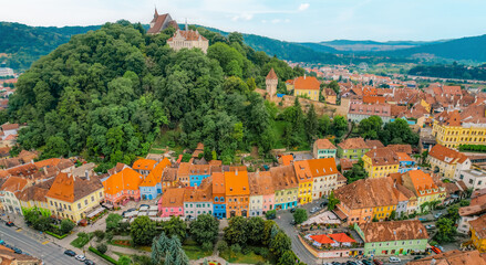 Medieval fortress and fortified citadel of Sighisoara with colorful houses in transylvania.