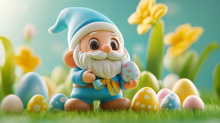 Obraz premium A cheerful Easter gnome stands amidst colorful eggs in a grassy field, holding a decorated egg. A festive scene for Easter celebrations. 