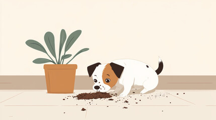 Naughty dog digging in potted plant, soil spilled everywhere, playful and curious expression. This adorable scene captures mischief of pet exploring its surroundings