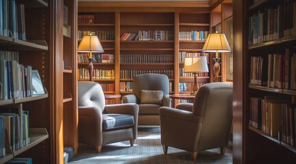 Cozy Reading Space in Public Library with Shelves and Comfortable Armchairs