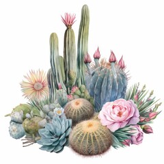 Watercolor Desert Botanical Illustration Cacti Succulents Roses Arrangement