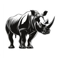 Majestic Rhino: A Striking Black and White Illustration of a Powerful Rhinoceros. This captivating wildlife artwork is perfect for nature lovers and art enthusiasts.