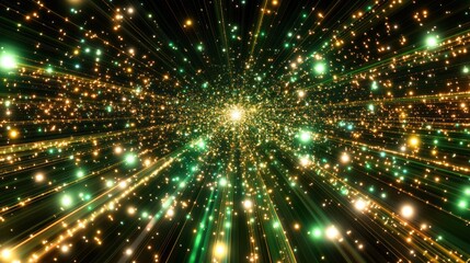 Fototapeta premium Green gold light streaks explode in space; cosmic background, digital art