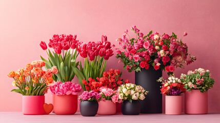Obraz premium Display Podium for Mother's Day and Valentine's Day with Heart and Flower on Minimal Pink Background.