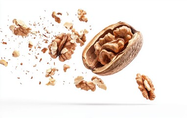 Obraz premium A walnut cracked open mid-air, with the shell and kernel flying dynamically on white