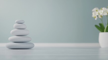 Zen stones and orchid in a minimalist spa setting, evoking tranquility, balance, and mindfulness.