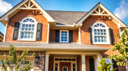 Obraz premium Two-story brick house with a beige porch, featuring arched windows with black shutters, and a dark gray roof. Landscaping is partially visible. The house is predominantly red-toned brick.