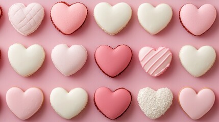Obraz premium Valentine's Day Heart-Shaped Macarons on Pink Background