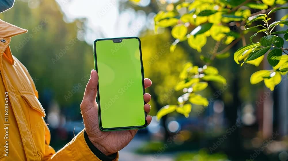 Poster a person in a bright jacket holds a smartphone displaying a green chromakey screen amid lush greener