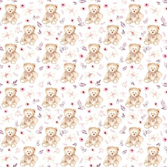 Obraz premium Seamless watercolor pattern with teddy bear, envelopes and flowers. The illustration is hand drawn. The drawing is suitable for decorating children's rooms, gifts, holidays.