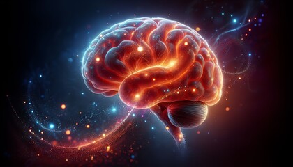 A more concise description: "Glowing 3D-rendered brain surrounded by neural pathways and vibrant light particles, symbolizing innovation, neuroscience, and the power of the human mind.
