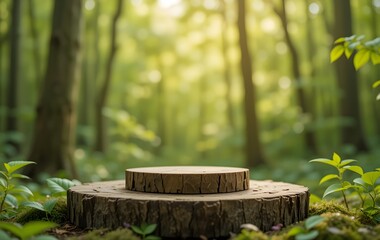 Wooden Tree Stump in a Peaceful Sunlit Forest Setting