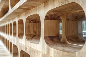 Fototapeta premium Modern Wooden Shelf Design with Geometric Cutouts for Interior Decor