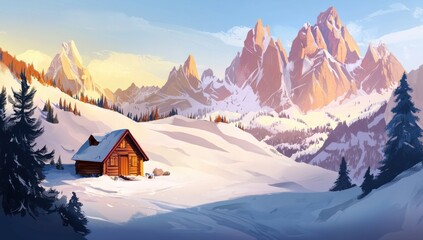 Fototapeta premium Cozy Winter Cabin Nestled in Snowy Mountain Landscape at Sunrise