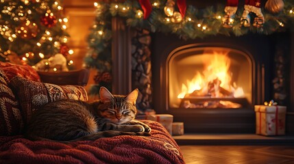 A cozy cat lounging in front a crackling fireplace decorated for Christmas.