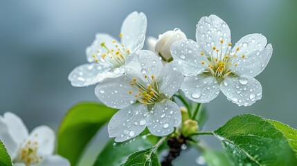 Obraz premium Close-Up of Beautiful Cherry Blossoms with Water Droplets on a Minimalist Background