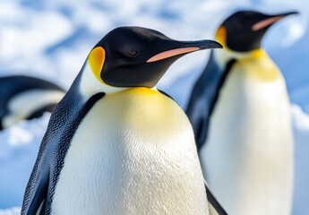 Obraz premium Two penguins standing in the snow with one of them looking at the camera