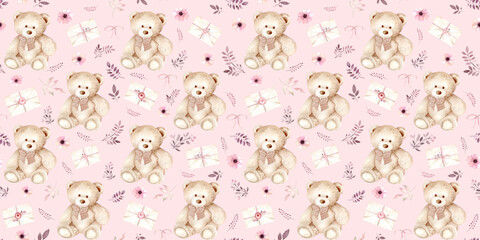 Seamless watercolor pattern with teddy bear, envelopes and flowers. The illustration is hand drawn. The drawing is suitable for decorating children's rooms, gifts, holidays.