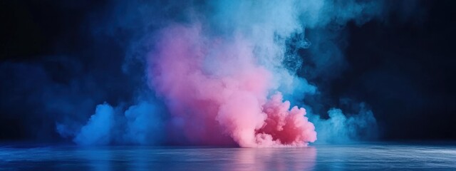 Dynamic abstract background featuring colorful smoke on dark gray concrete floor in a foggy setting for product showcase