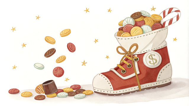 Playful st. nicholas day shoe filled with colorful treats for festive celebration.
