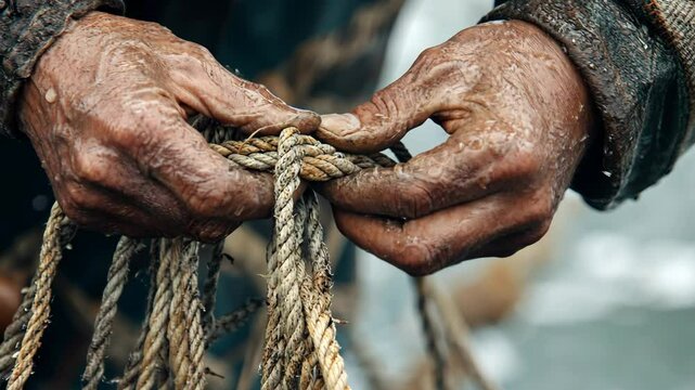 Crafting knots with skilled hands in a maritime setting during overcast weather