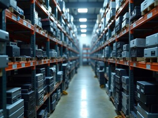 High-tech recycling facility with organized storage of electronic devices and equipment in a warehouse environment
