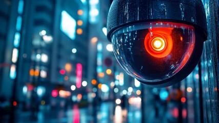 Surveillance camera captures urban nightlife and vibrant city lights during a rainy evening
