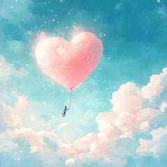 Fototapeta premium Whimsical Pink Heart Balloon with a Man Floating in a Dreamy Blue Sky, Perfect for Romantic or Festive Greeting Card Designs