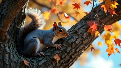 Obraz premium Majestic Grey Squirrel in Autumnal Oak Tree, Vibrant Fall Foliage, Blue Sky, Lush Green Branches