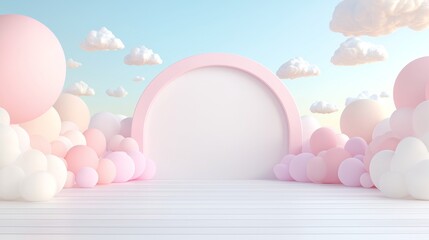 3D render of a pastel dreamland with balloons and clouds, evoking a sense of playful relaxation.