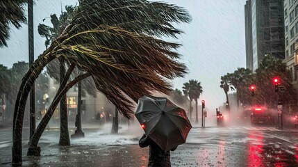 a person walking in the city during a hurricane with strong winds and heavy rain
