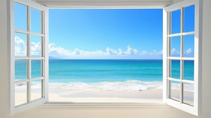 Fototapeta premium Open Window View, Idyllic Tropical Beach, Turquoise Ocean, Serene Seascape, Relaxation Getaway