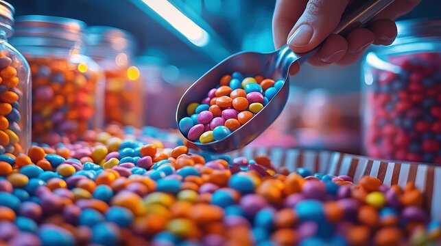  Close-up of a metal candy scoop pouring vibrant, multicolored candies into a striped paper bag, capturing a playful, nostalgic moment at a candy store.