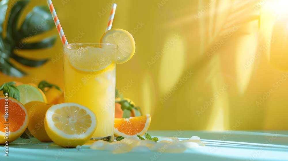 Poster close up of a glass of lemonade with ice and lemon wedges, with citrus fruits on a table in front of