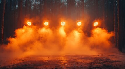Fototapeta premium Yellow and white spotlights illuminating a stage floor in a dark room with dynamic lighting effects.