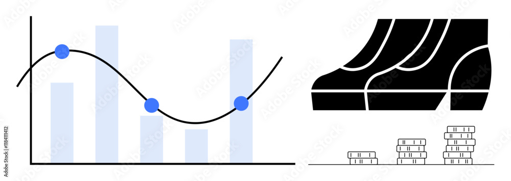 Poster bar and line graph with data points alongside staircase icon and stacks of coins highlighting financ